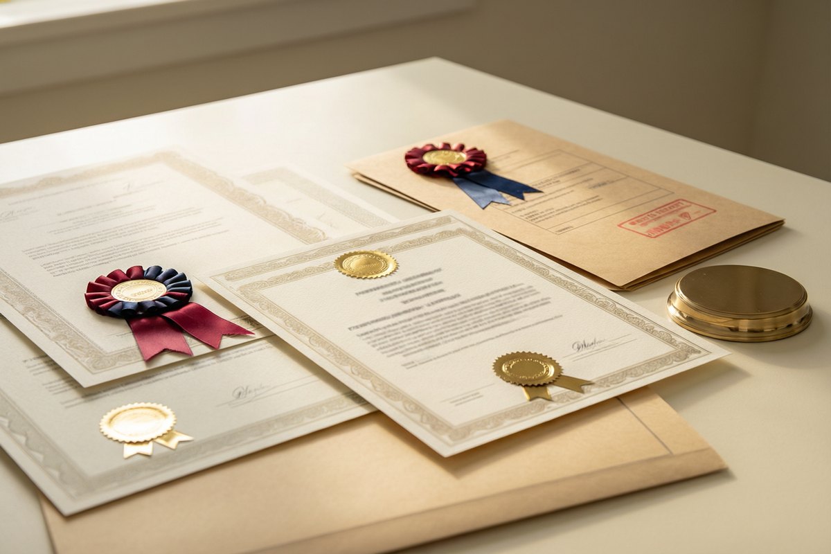 Compliance certificates, embossed seals and test report folder