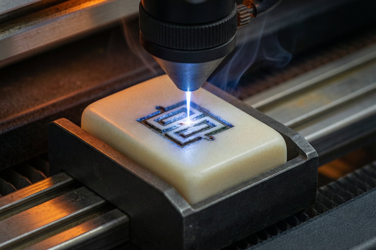 Fibre laser engraving a mahjong tile face in a metal jig