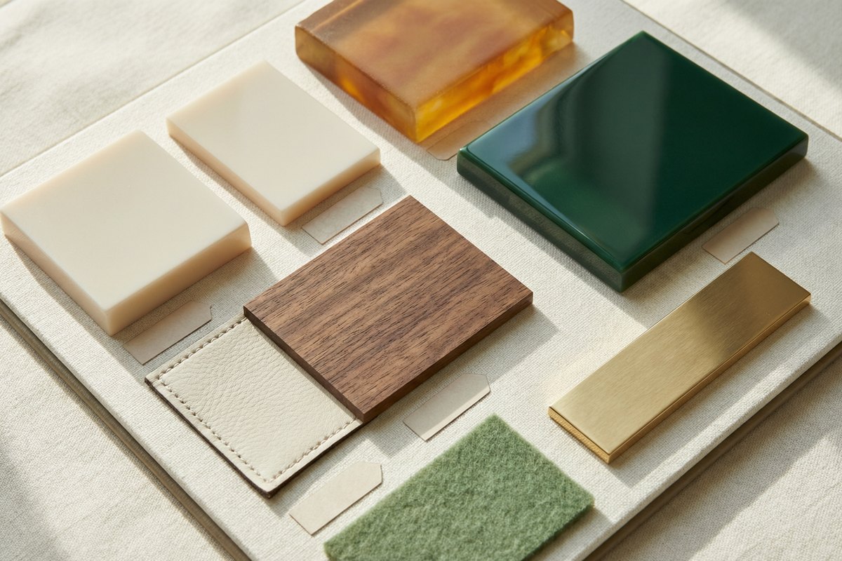 Material library: melamine, resin, lacquer, walnut veneer, vegan leather, gold trim, green felt
