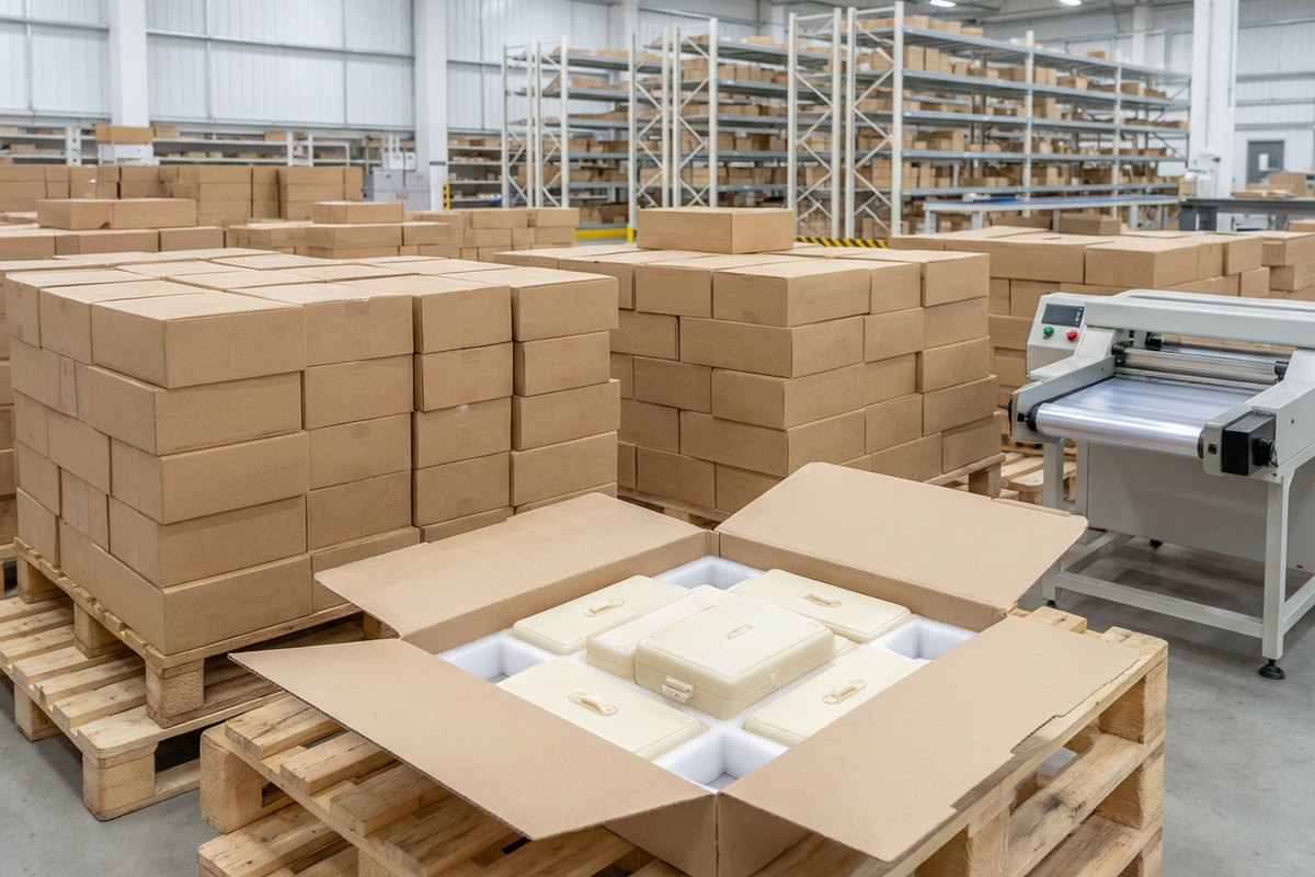 Retail packing bench: sets counted, trayed and boxed with barcode labels