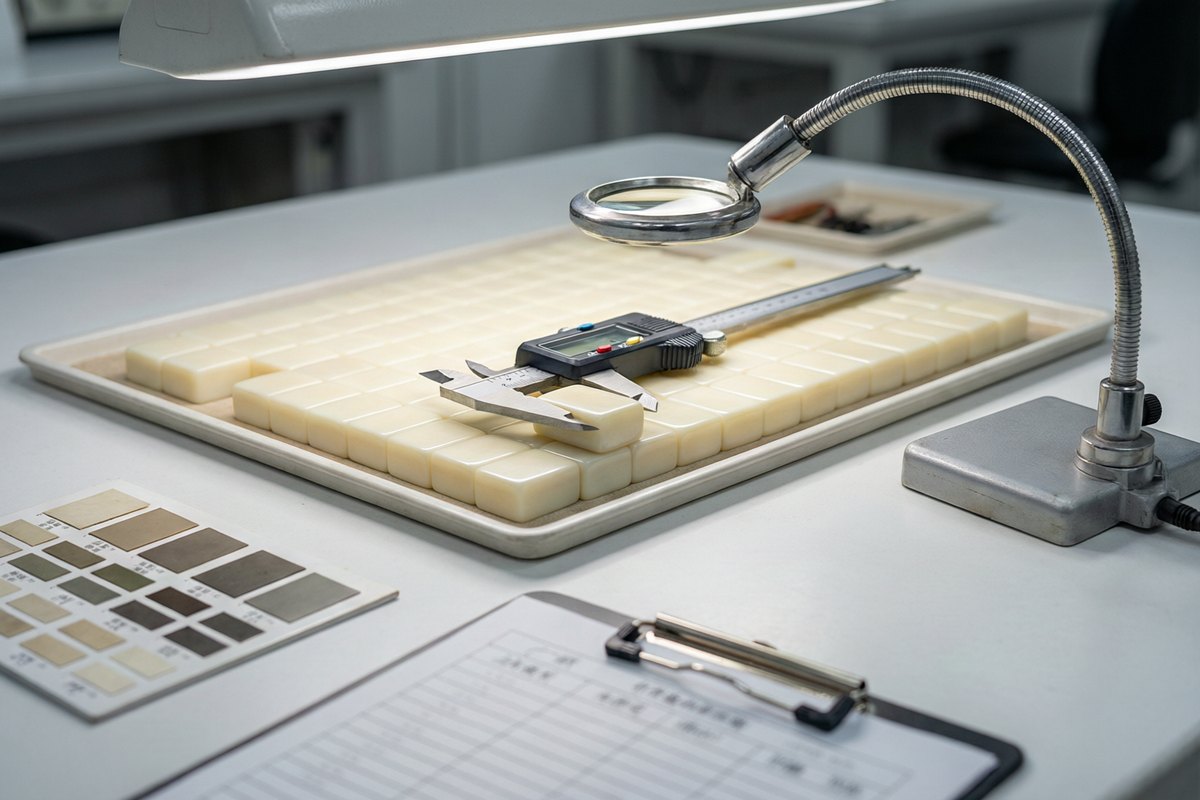 Quality inspection bench with caliper, colour reference card and magnifier