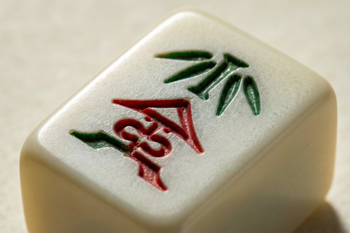 Extreme close-up of a single ivory mahjong tile face with gold paint fill