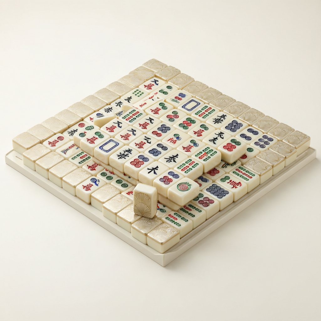 Heritage 166 Ivory Deco American Mahjong set, tiles laid out with racks and scorecards